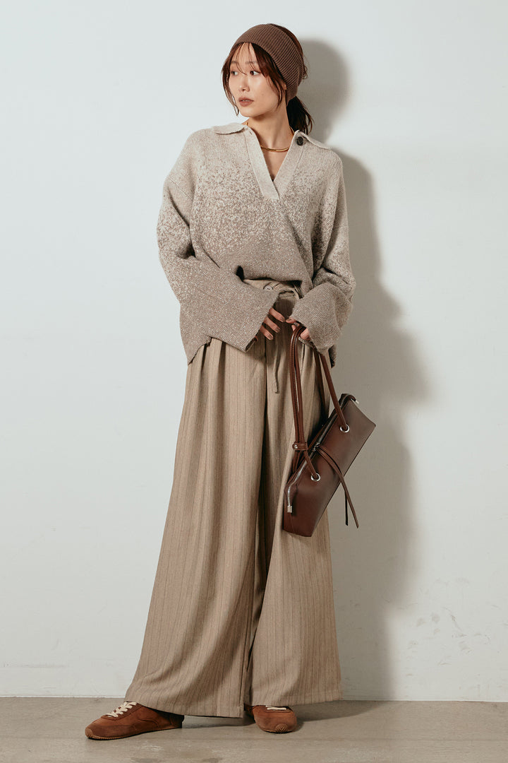 [SET]グラデーションラメニットキーネックプルオーバー+ストライプヘリンボーンパンツ(2set)