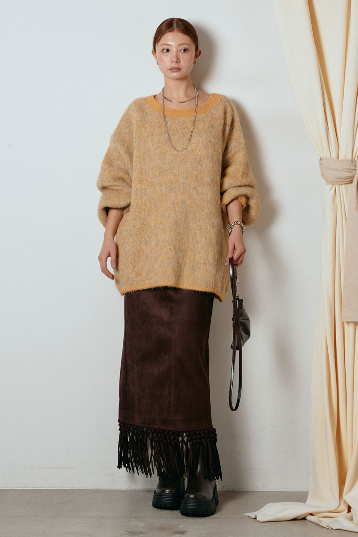 [SET]ボリュームスリーブミックスニットトップス+スウェードライク裾フリンジスカート(2set)