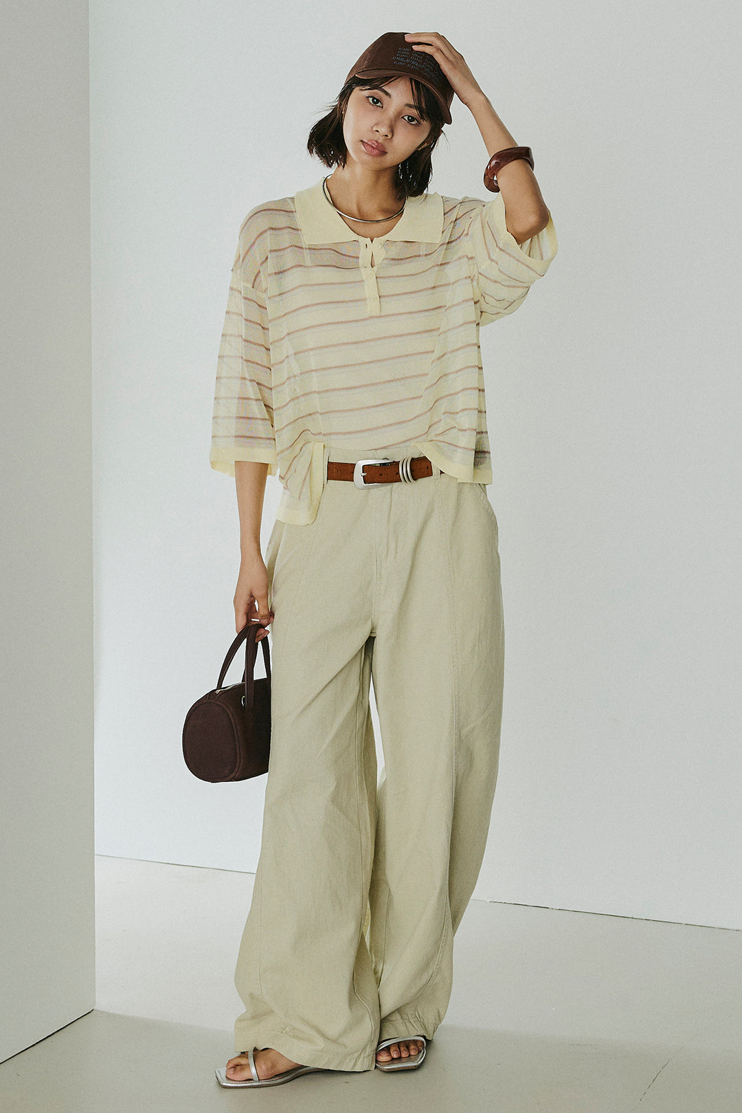 [SET]ボーダーニットポロシャツ+サイドベルトカーブワイドパンツ(2set)