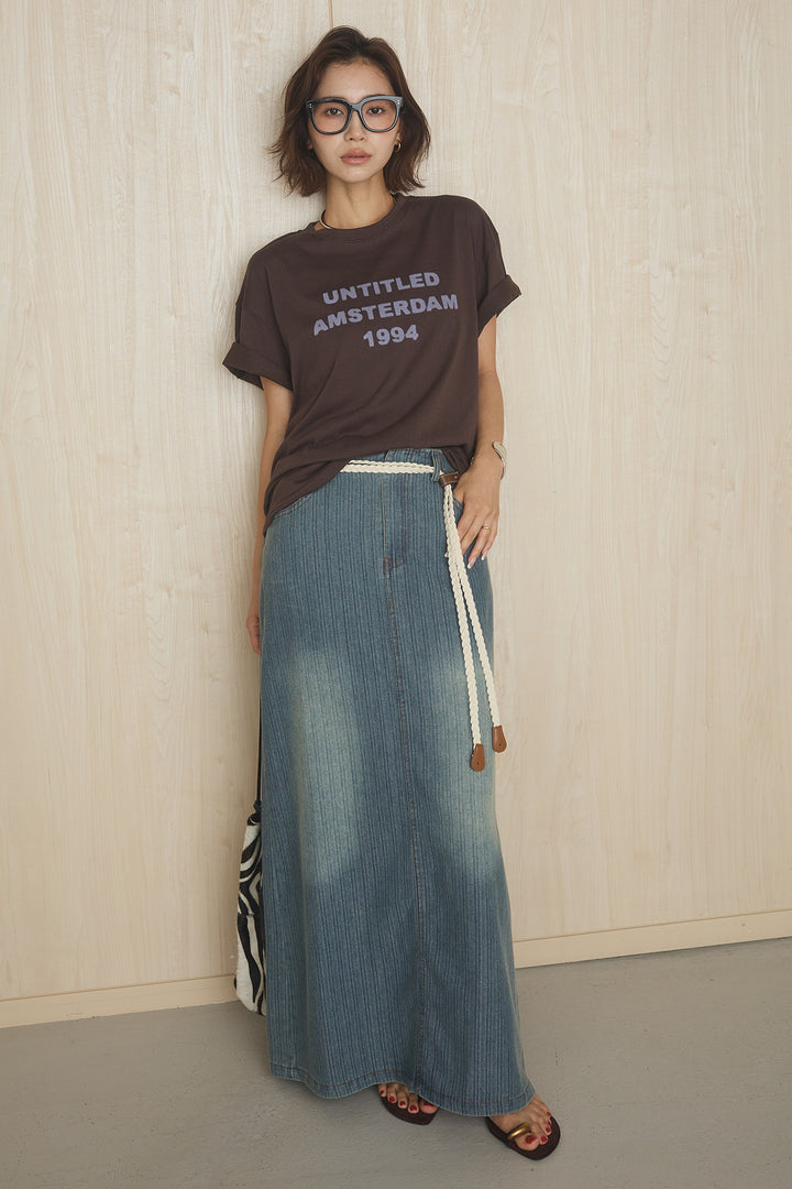 [SET]英字フロントロゴプリントTシャツ+ベルト付きデニムタイトスカート(2set)