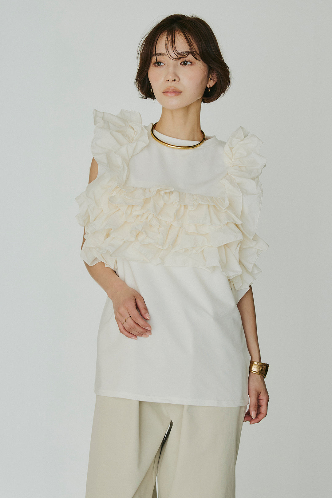 [SET]天竺ナイロンドッキングビスチェ風トップス+ニーサイドタックウエストドロスパンツ(2set)