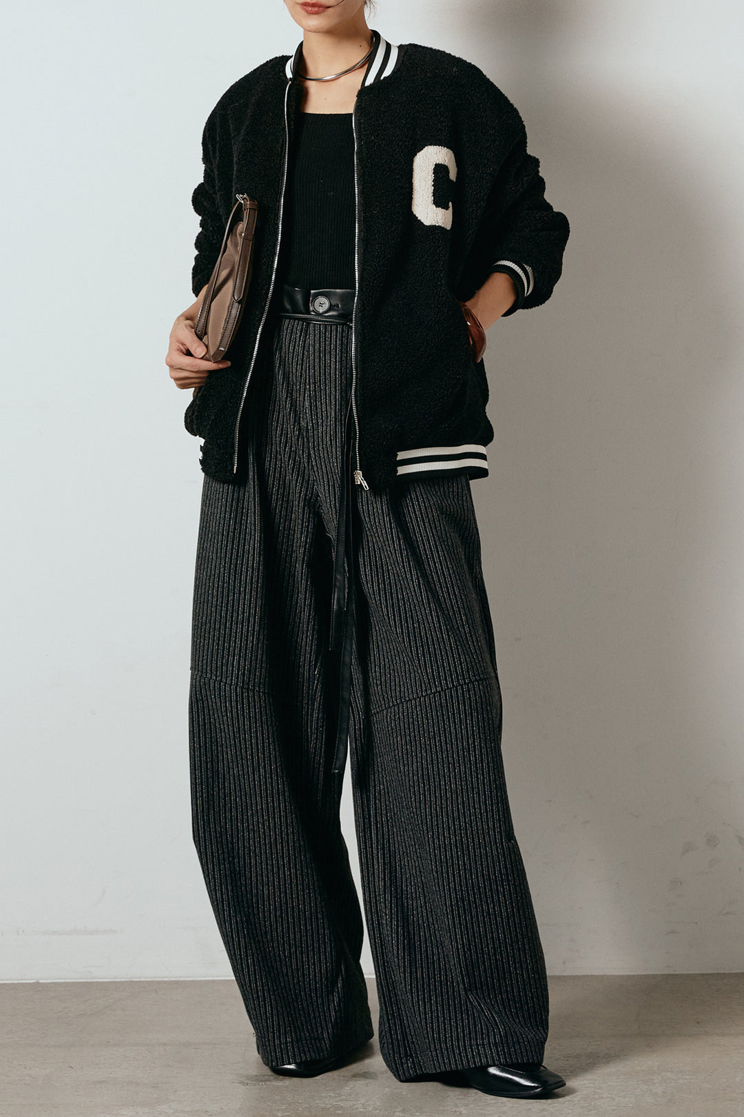 [SET]ロゴスタジャンボアブルゾン+レザーライク配色ストライプパンツ(2set)