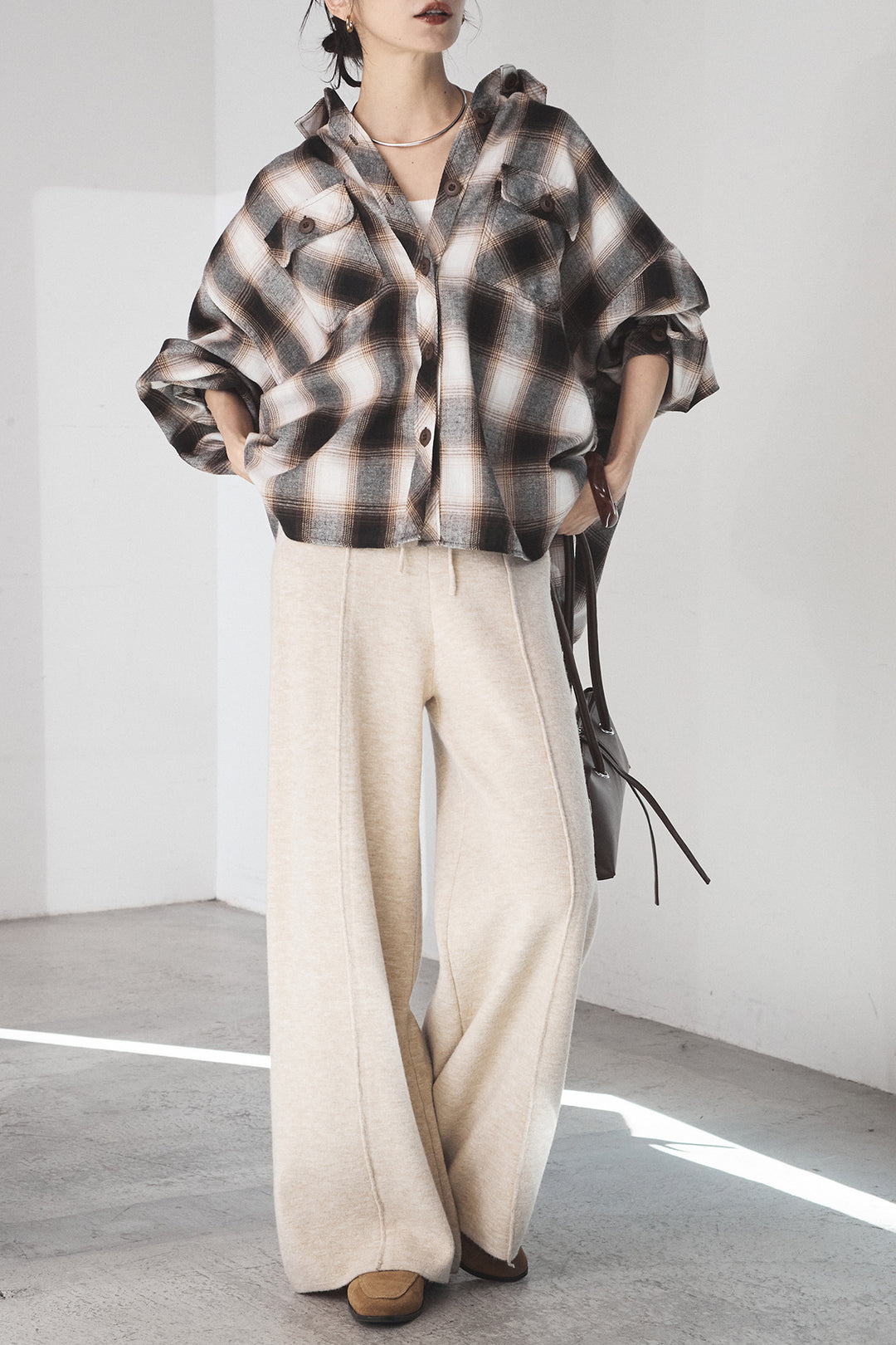[SET]オンブレーチェックビッグシルエットCPOシャツ+センターラインニットパンツ(2set)