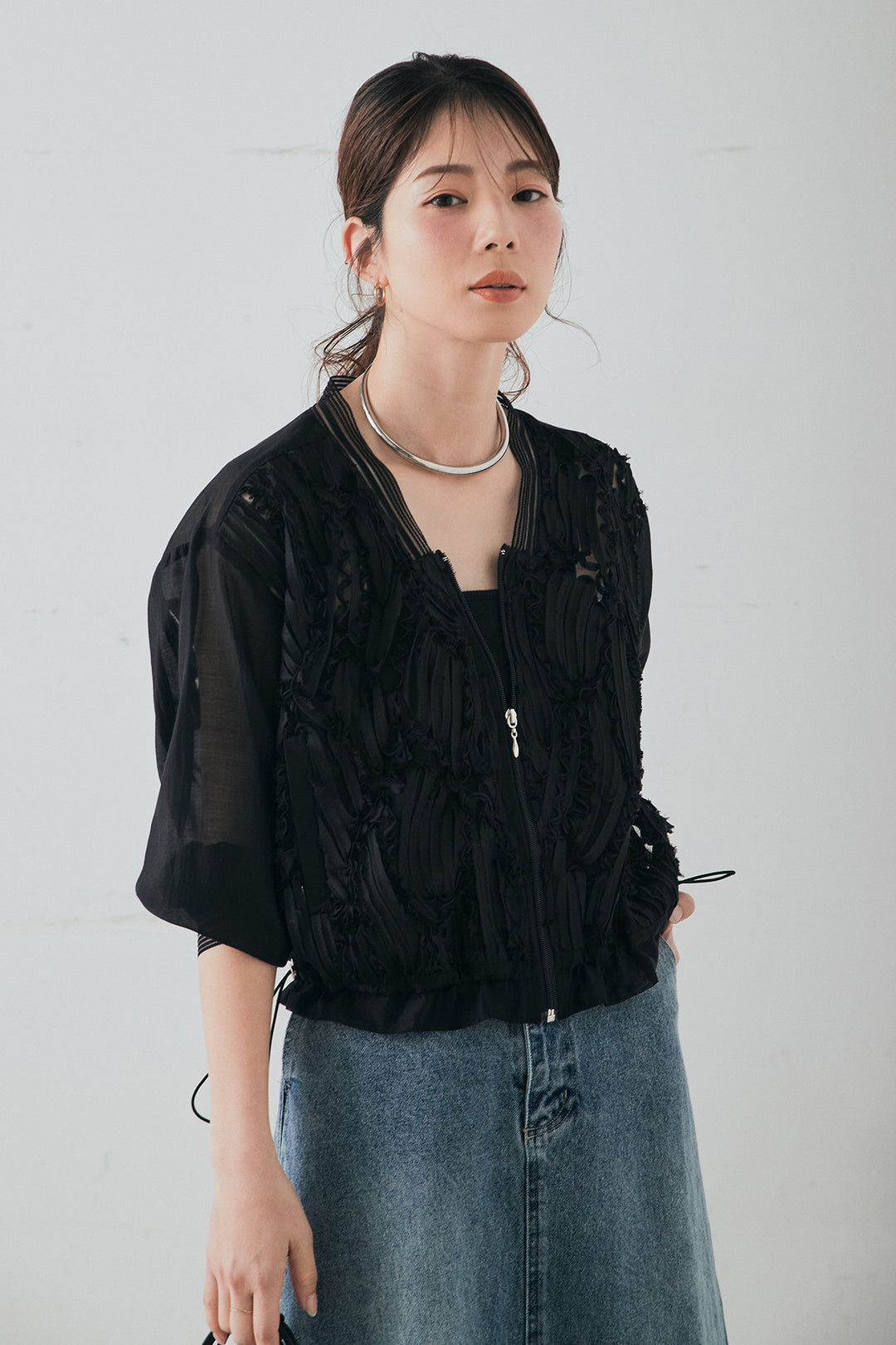 [SET]モチーフ付きシアーブルゾン+デニムロングフレアスカート(2set)