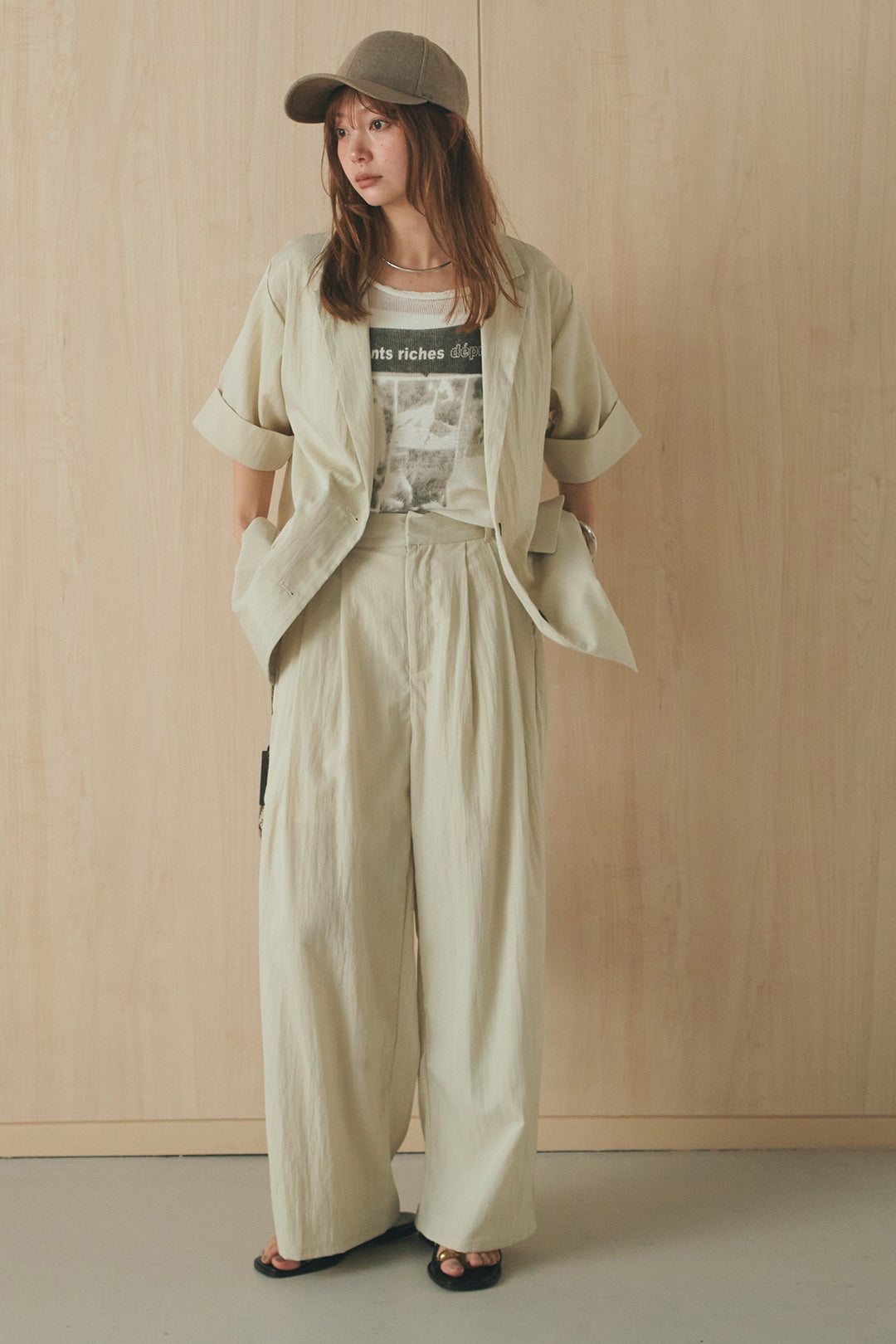 [SET]リネンライクテーラードハーフスリーブジャケット+リネンライク2タックワイドパンツ(2set)