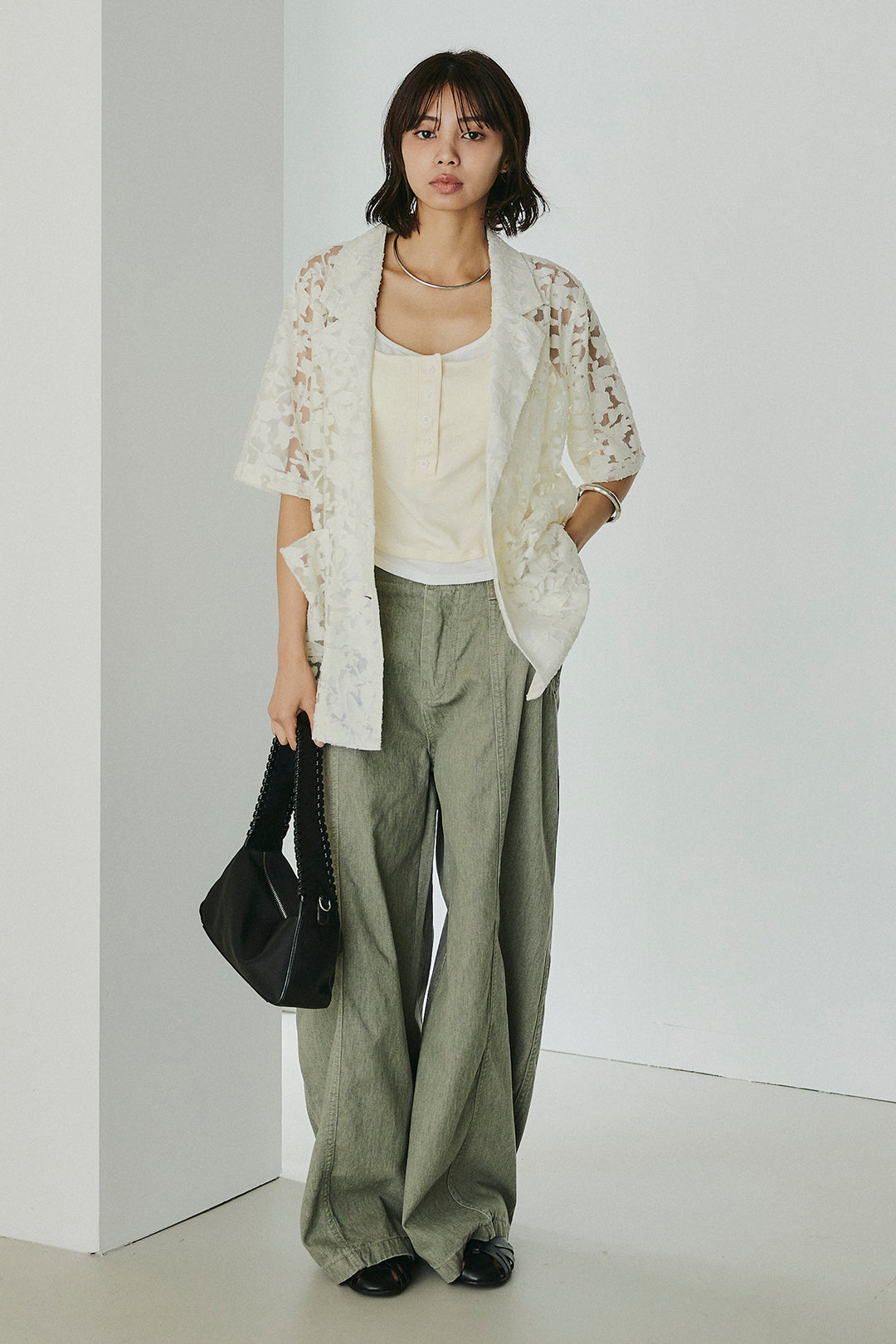 [SET]シアージャガードハーフスリーブテーラードジャケット+配色ヘンリーネックタンクトップ(2set)