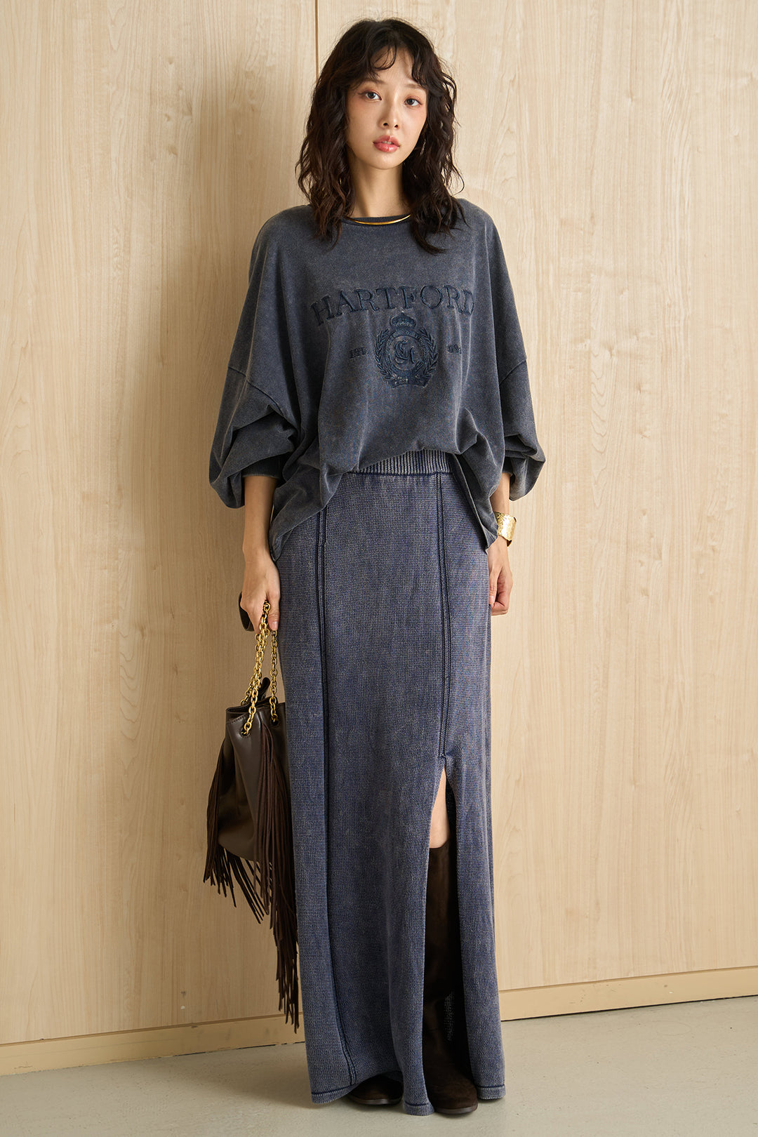 [SET]袖ボリュームHARTFORD刺繍Tシャツ+ピグメントリラックスニットスカート(2set)