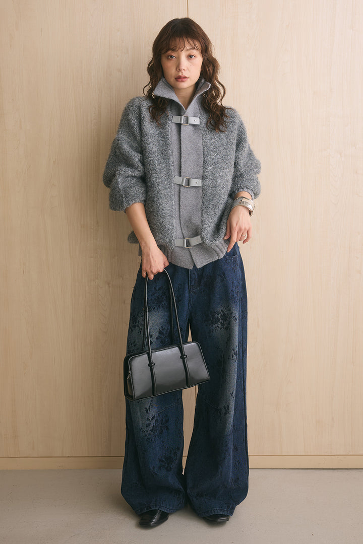 [SET]ブークレーハイネックニットジャケット+フラワーモチーフ刺繍カーブデニム(2set)