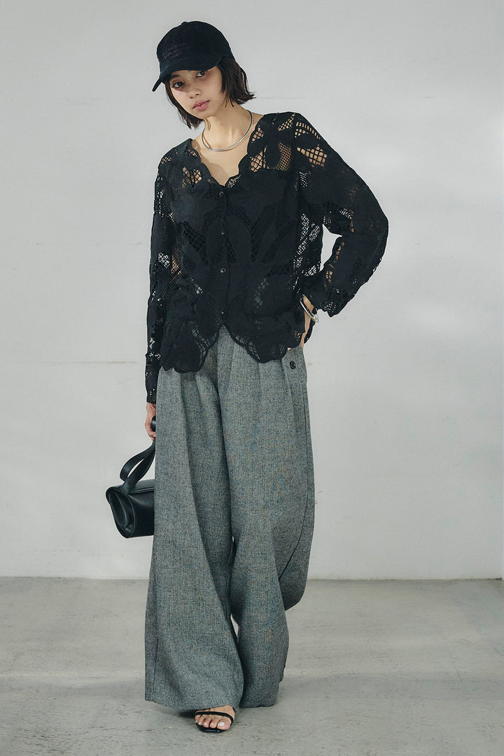 [SET]フラワー刺繍レースブラウス+サイドボタンツイードタックパンツ(2set)