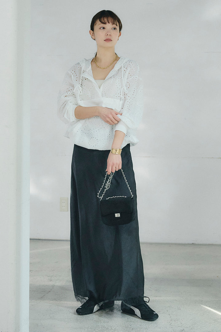 [SET]レースハーフジップアップフーディー+バイアスナローサテンスカート(2set)