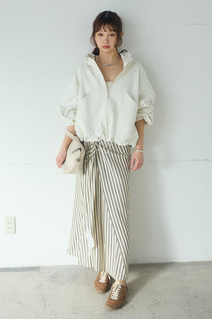 [SET]ネック裾絞りブルゾンアウター+マルチピンストライプ柄巻きスカート(2set)