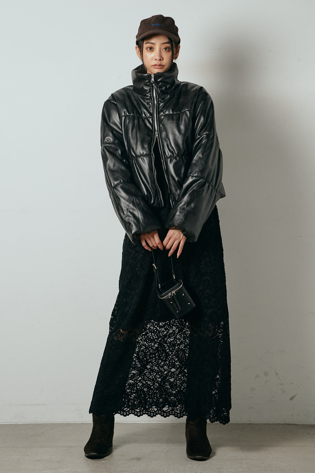 [SET]レザーライクWジップスタンドカラー中綿ブルゾン+総レース刺繍スカート(2set)