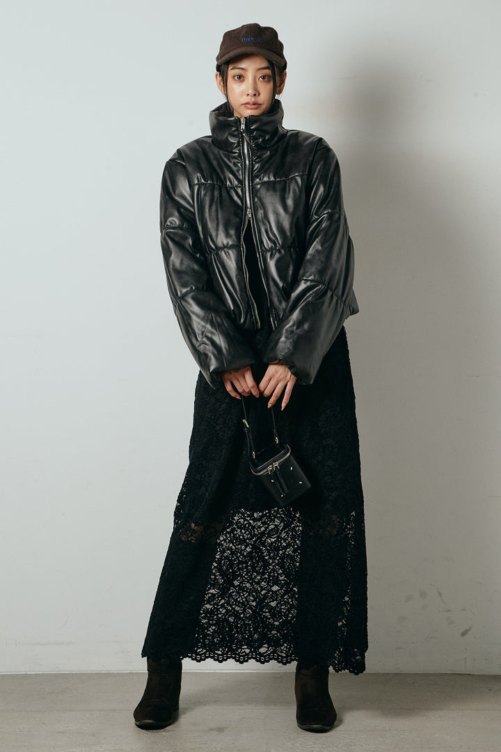 [SET]レザーライクWジップスタンドカラー中綿ブルゾン+総レース刺繍スカート(2set)