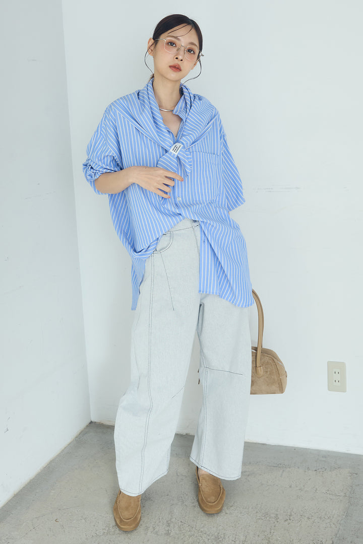 [SET]レーヨンストライプスカーフ+レーヨンストライプバンドカラー長袖シャツ(2set)