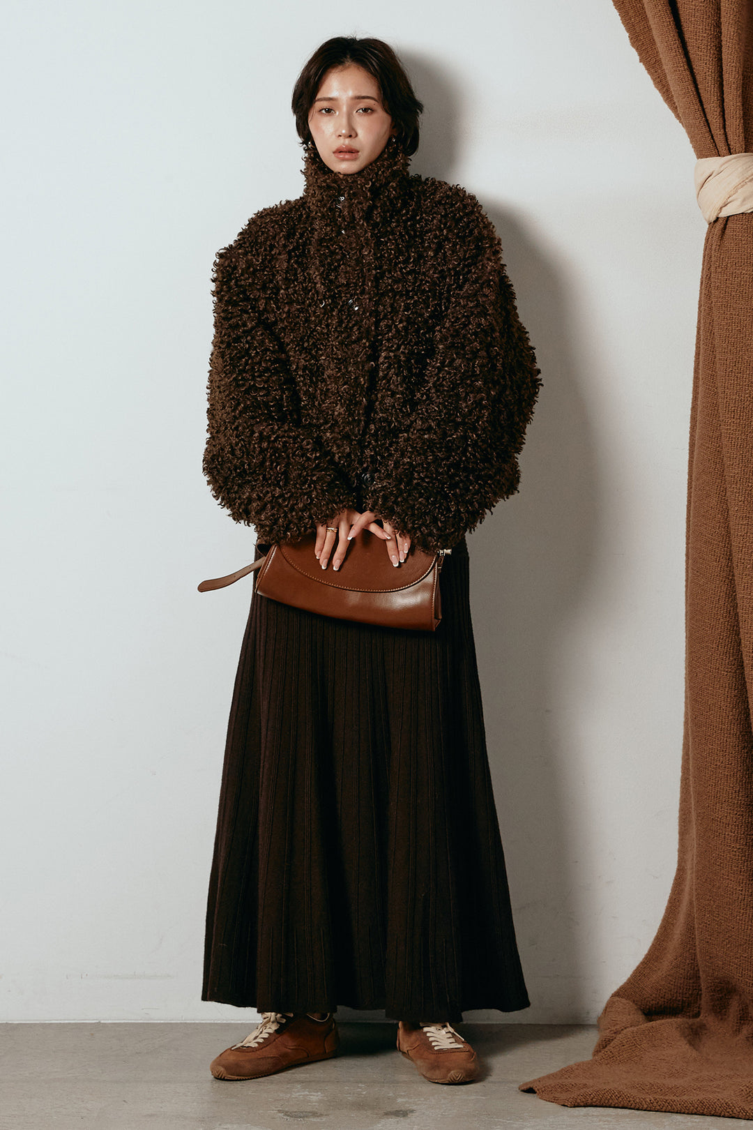 [SET]プードルファーミドルジャケット+編み地切り替えフレアニットスカート(2set)