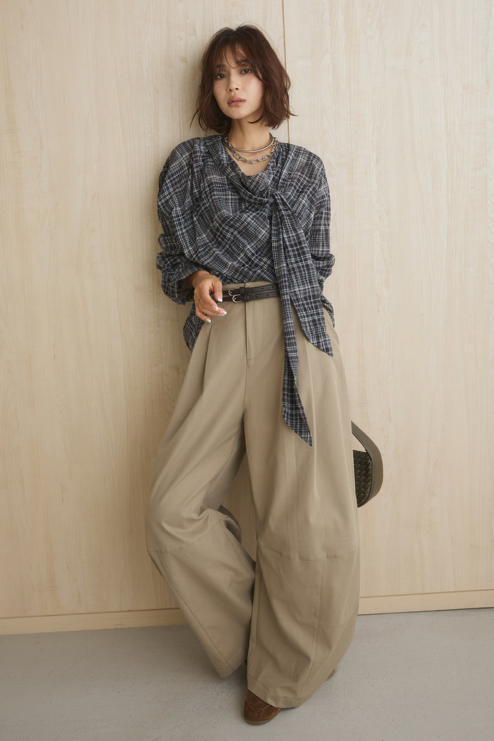 [SET]ネック紐付きワッシャーチェックブラウス+ダブルスキニーベルト付きカーブパンツ(2set)