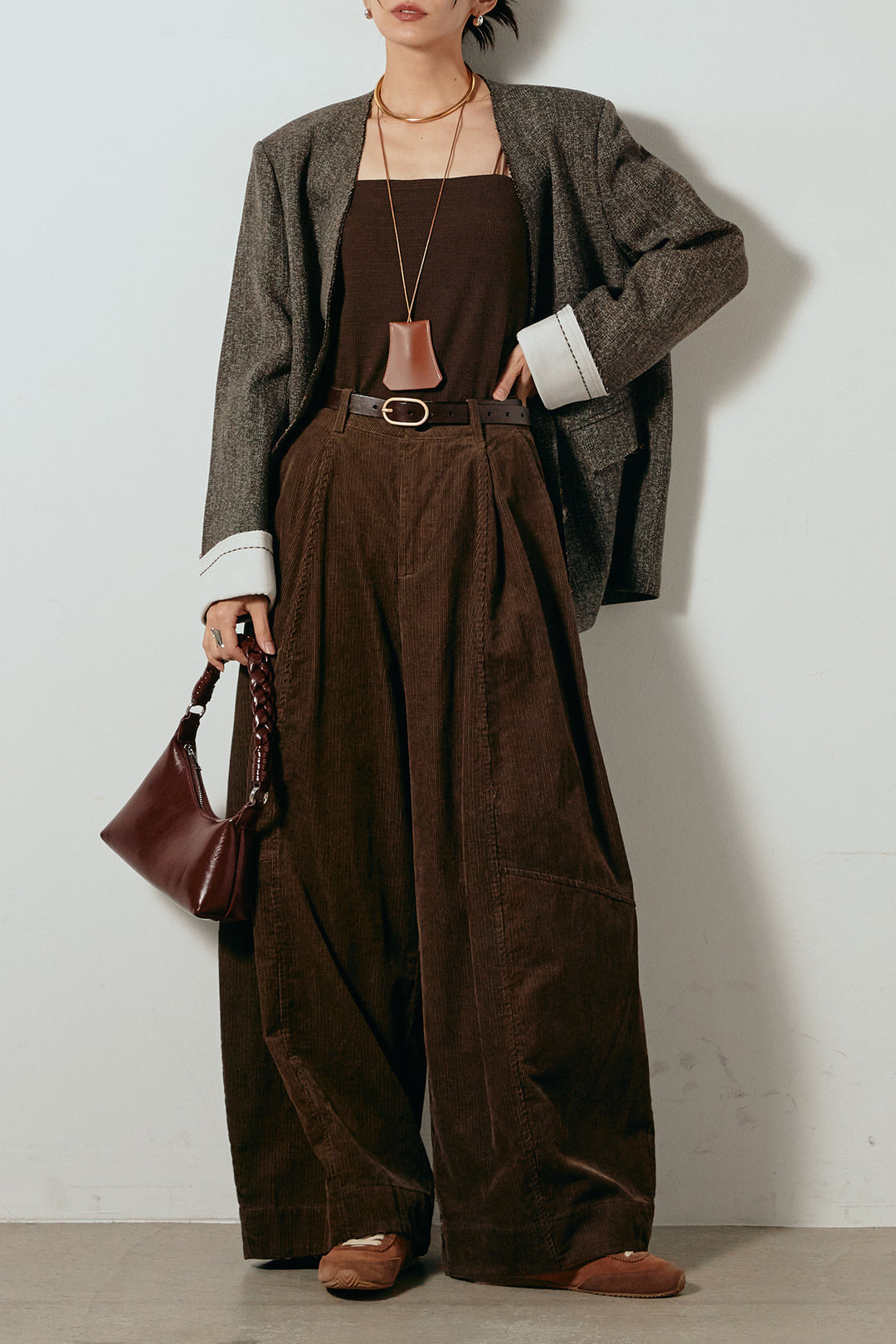 [SET]ノーカラーダブルボタンツイードジャケット+タック入りコーデュロイワイドパンツ(2set)