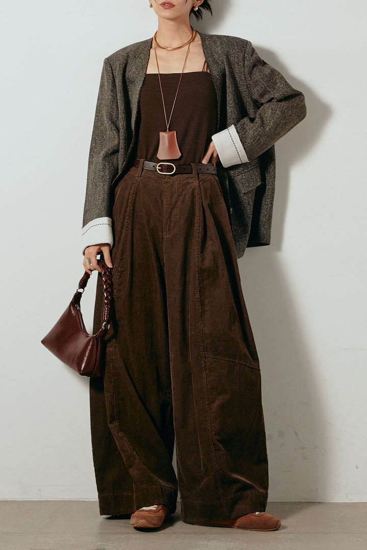 [SET]ノーカラーダブルボタンツイードジャケット+タック入りコーデュロイワイドパンツ(2set)