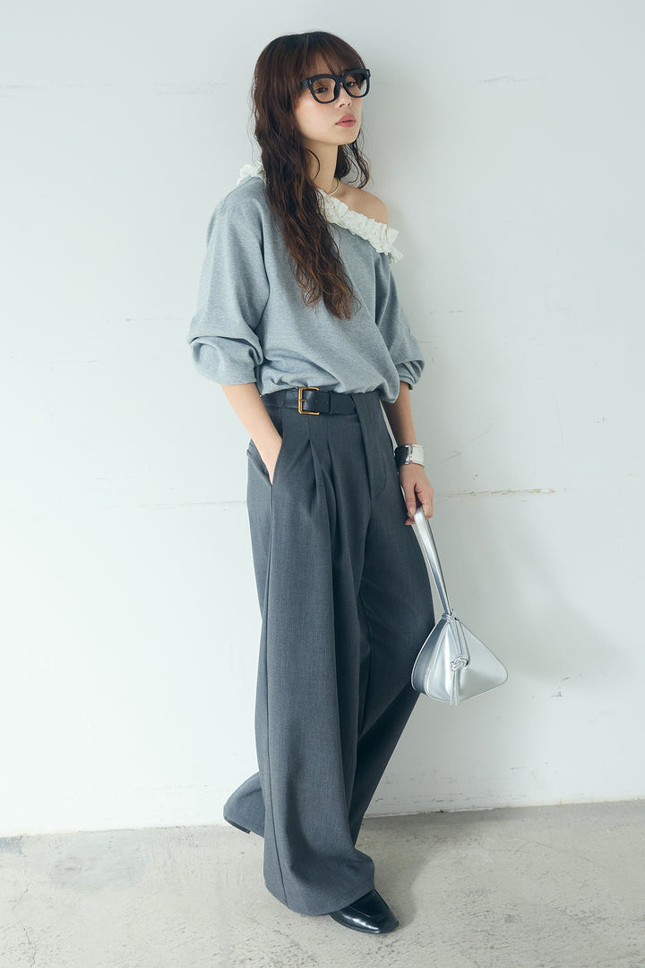 [SET]ネックギャザーフリルスウェット+サイドベルトタック入りスラックス(2set)