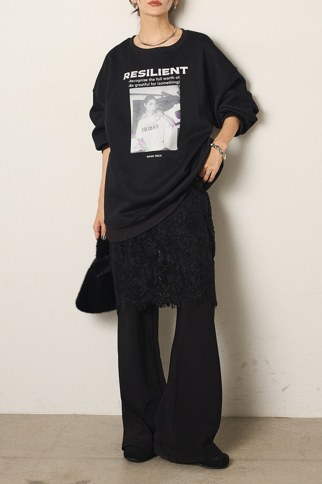 [SET]モノトーンプリントスウェット+レース刺繍レイヤードフレアパンツ(2set)