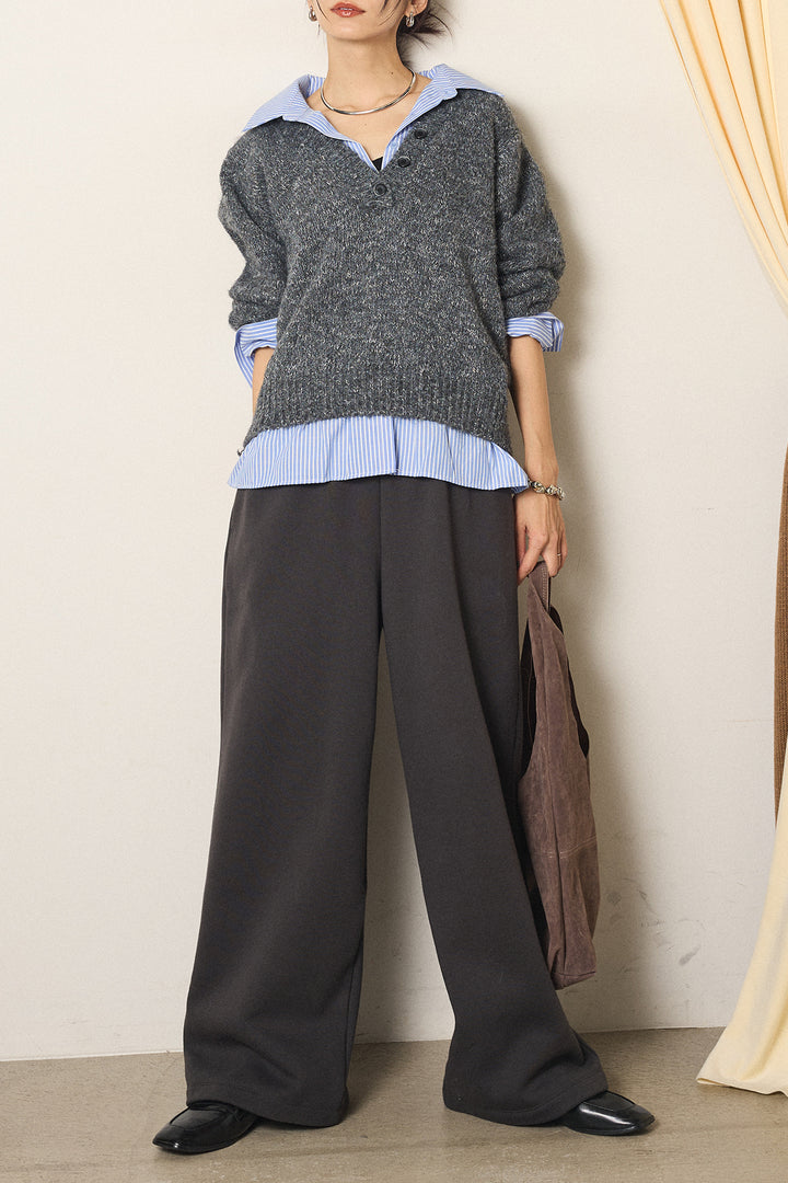 [SET]ストライプシャツドッキングニットポロトップス+裏起毛スウェットワイドパンツ(2set)