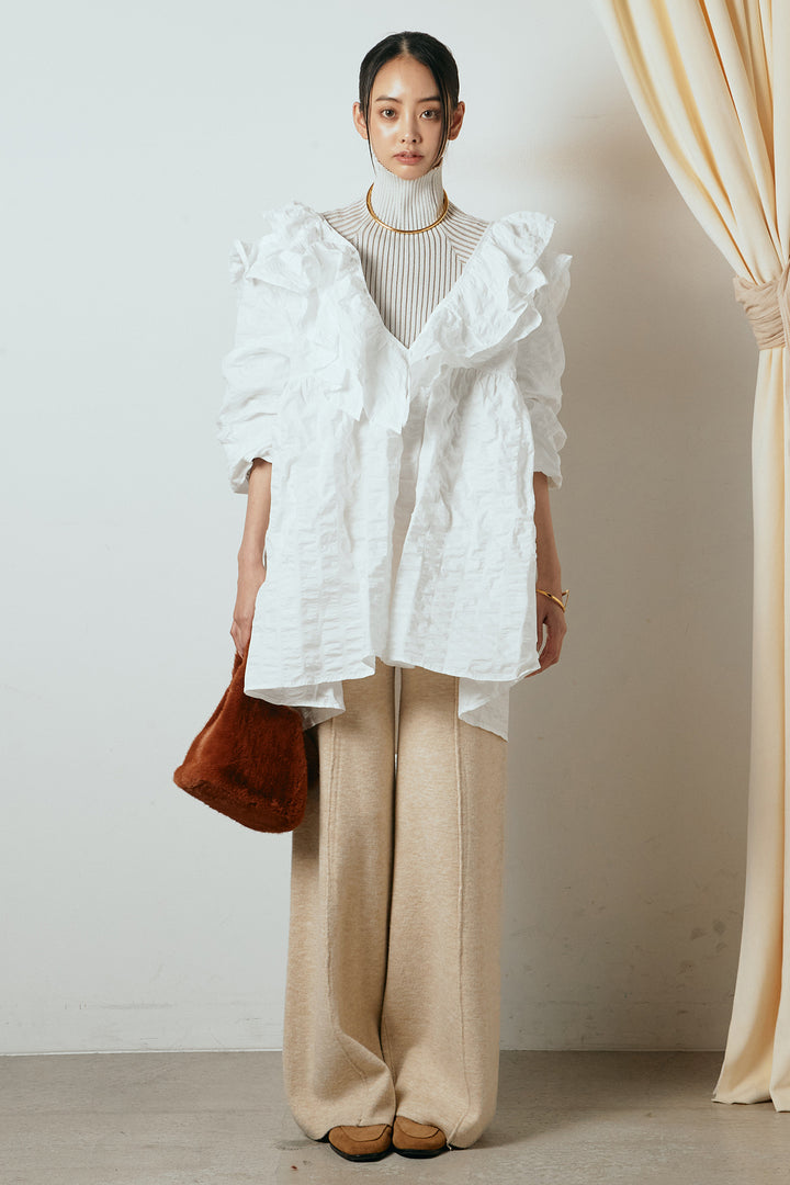 [SET]Vネックフリルカラーブラウス+リブニットシームレスタートルプルオーバー+センターラインニットパンツ(3set)