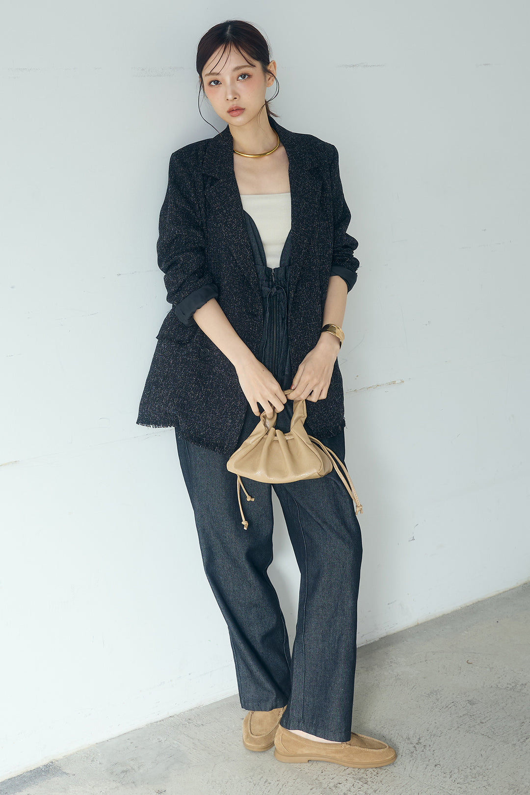 [SET]スラブネップツイードフリンジテーラードジャケット+デニムペプラムコンビネゾン(2set)