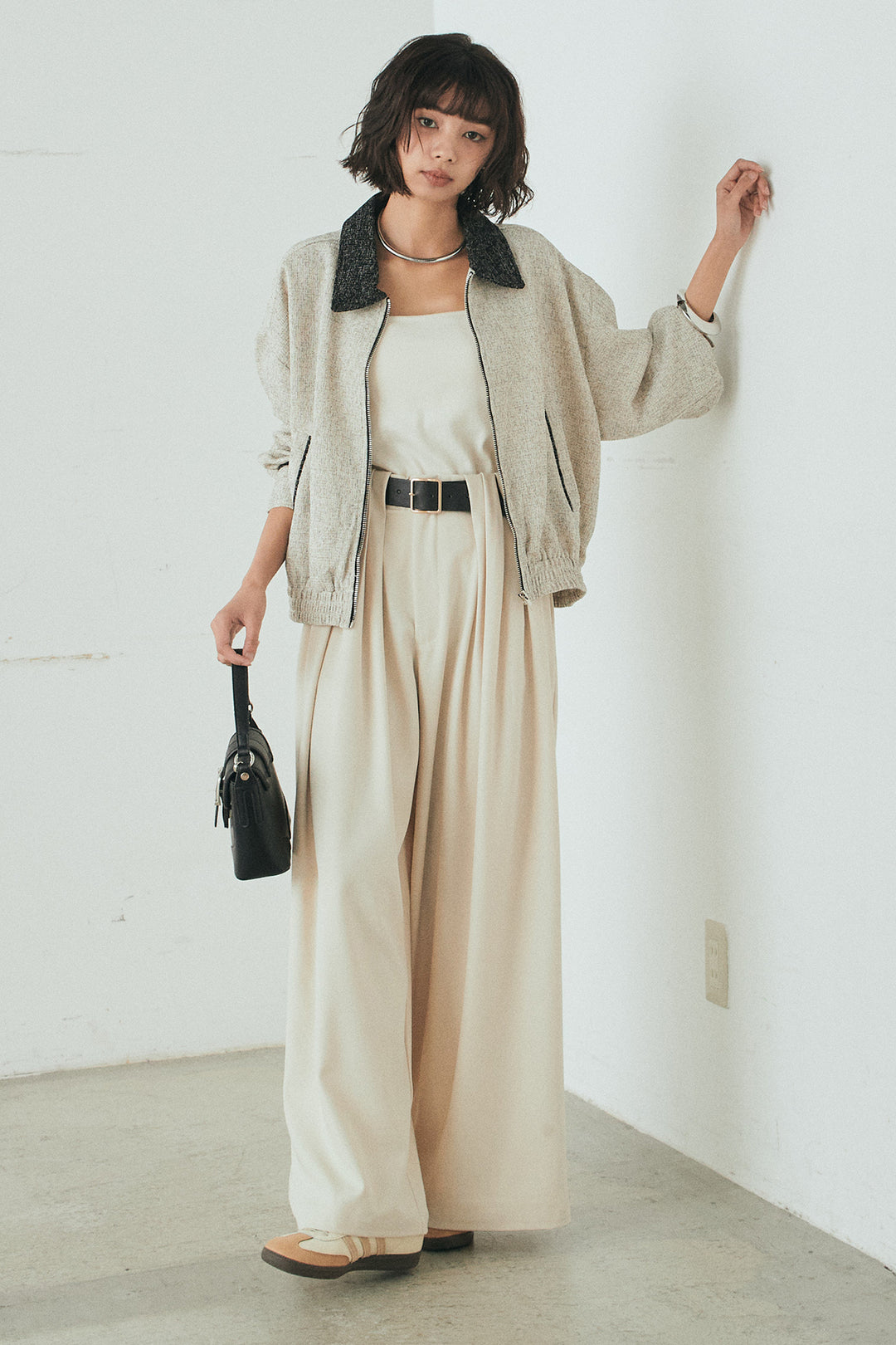 [SET]ツイード配色パイピングブルゾン+ベルト付きタックデザインハイウエストロングパンツ(2set)