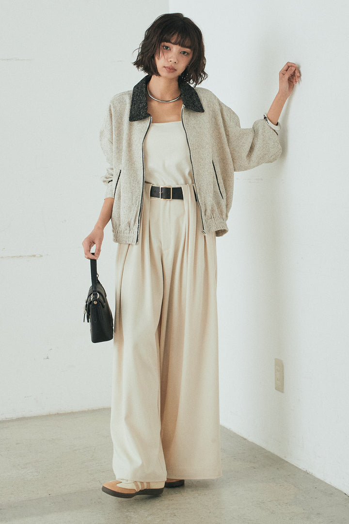 [SET]ツイード配色パイピングブルゾン+ベルト付きタックデザインハイウエストロングパンツ(2set)