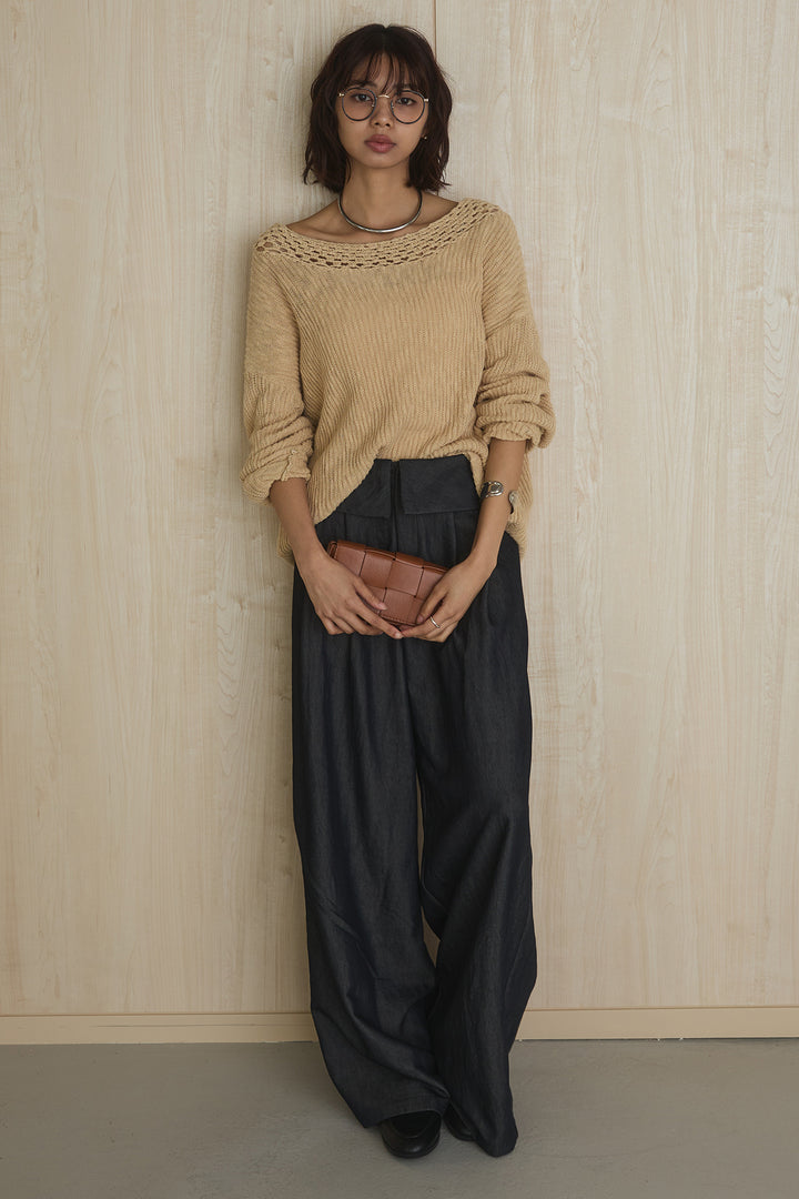[SET]ネック編みデザインニットトップス+ウエスト折り返しワイドパンツ(2set)