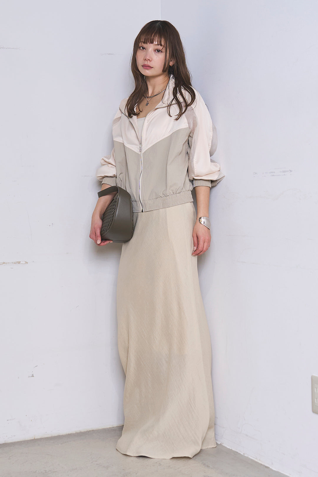 [SET]異素材切替ZIPブルゾン+リネンブレンドロングナロースカート(2set)