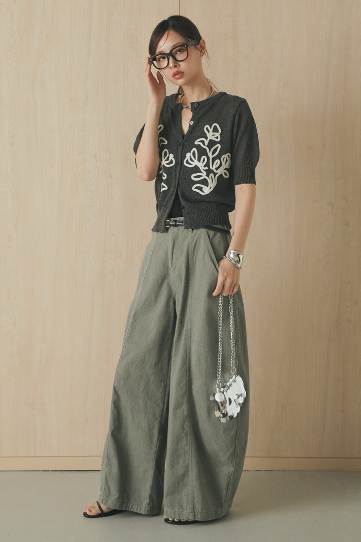 [SET]フロントテープデザイン半袖カーディガン+サイドベルトカーブワイドパンツ(2set)