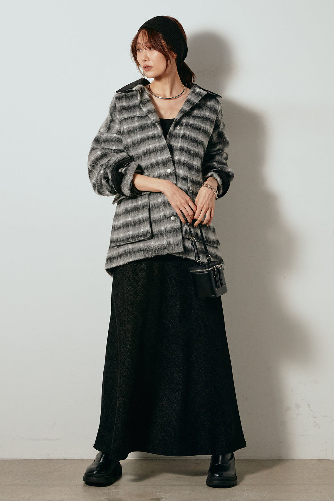 [SET]チェックシャギーミドルカバーオール+スウェードライクロングスカート(2set)