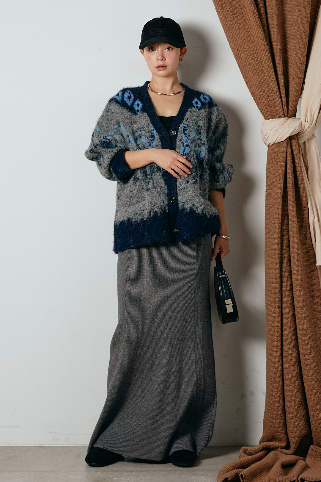 [SET]シャギーニュアンス柄ニットカーディガン+リブナローニットスカート(2set)
