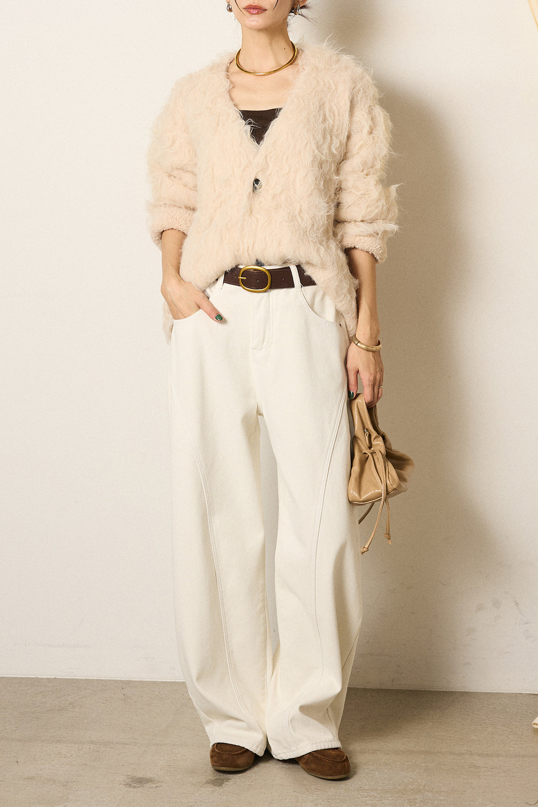 [SET]起毛シャギーニットカーディガン+ベルト付きカジュアルカーブワイドパンツ(2set)