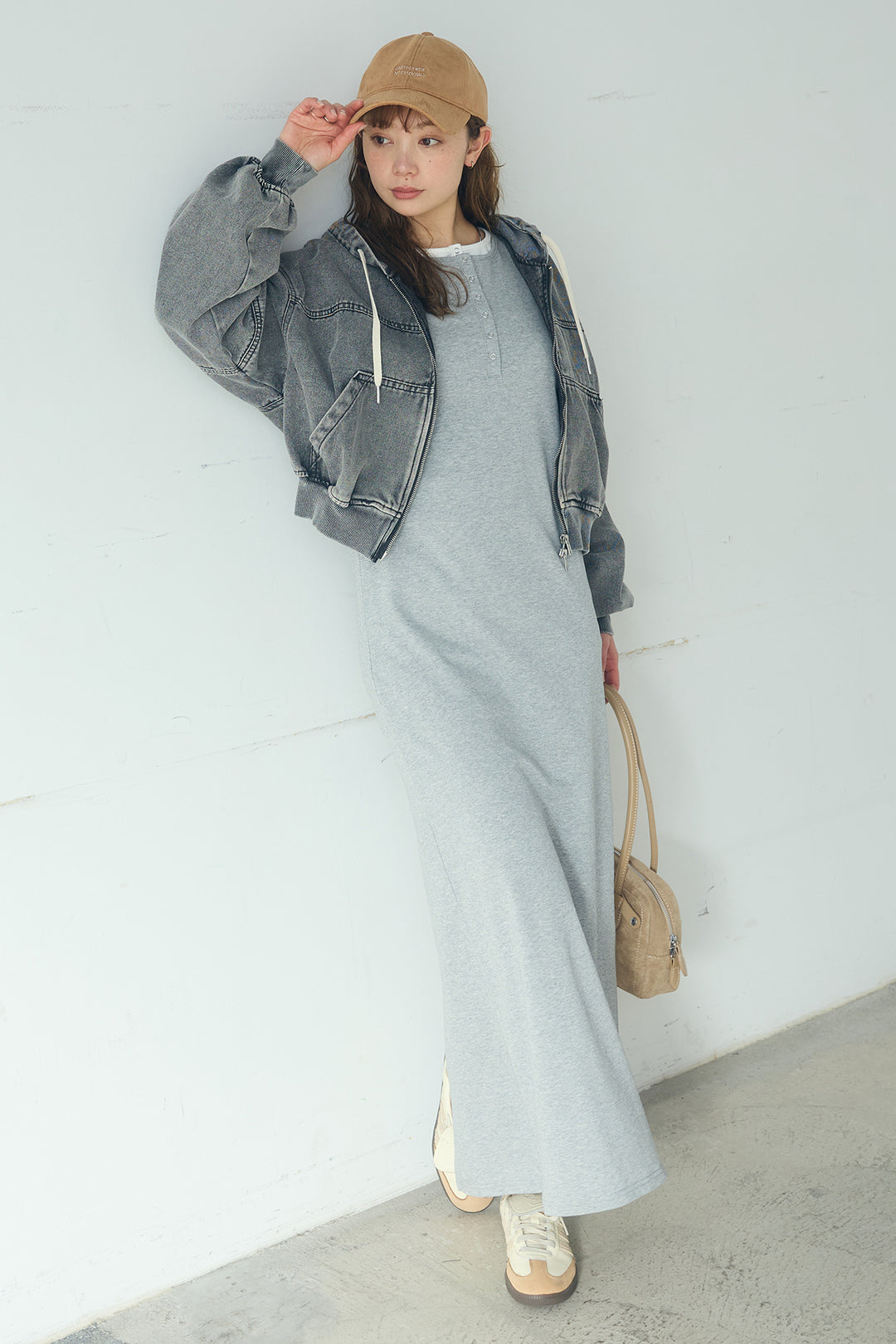 [SET]デニムダブルジップパーカーブルゾン+レイヤード見えヘンリーネックロングワンピース(2set)