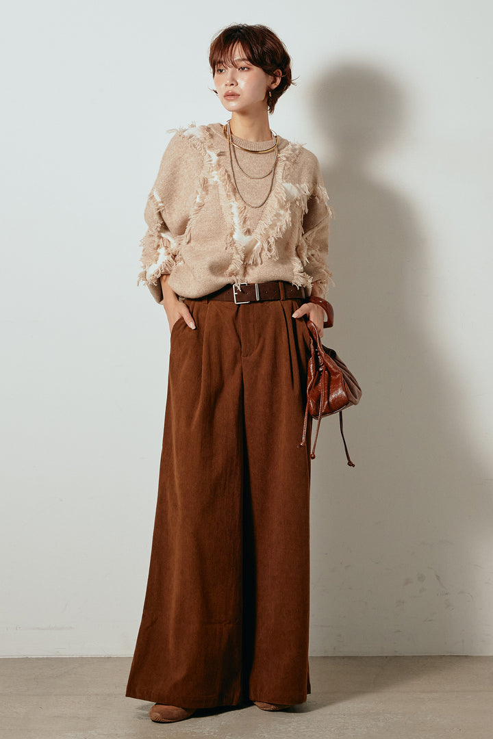 [SET]シャギージャガードニットトップス+太ベルト付きコーデュロイタックパンツ(2set)