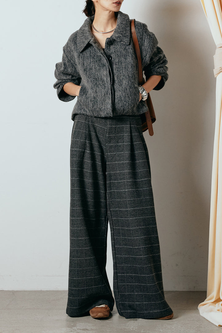 [SET]シャギーショートジャケット+スクエアチェック柄ワイドパンツ(2set)
