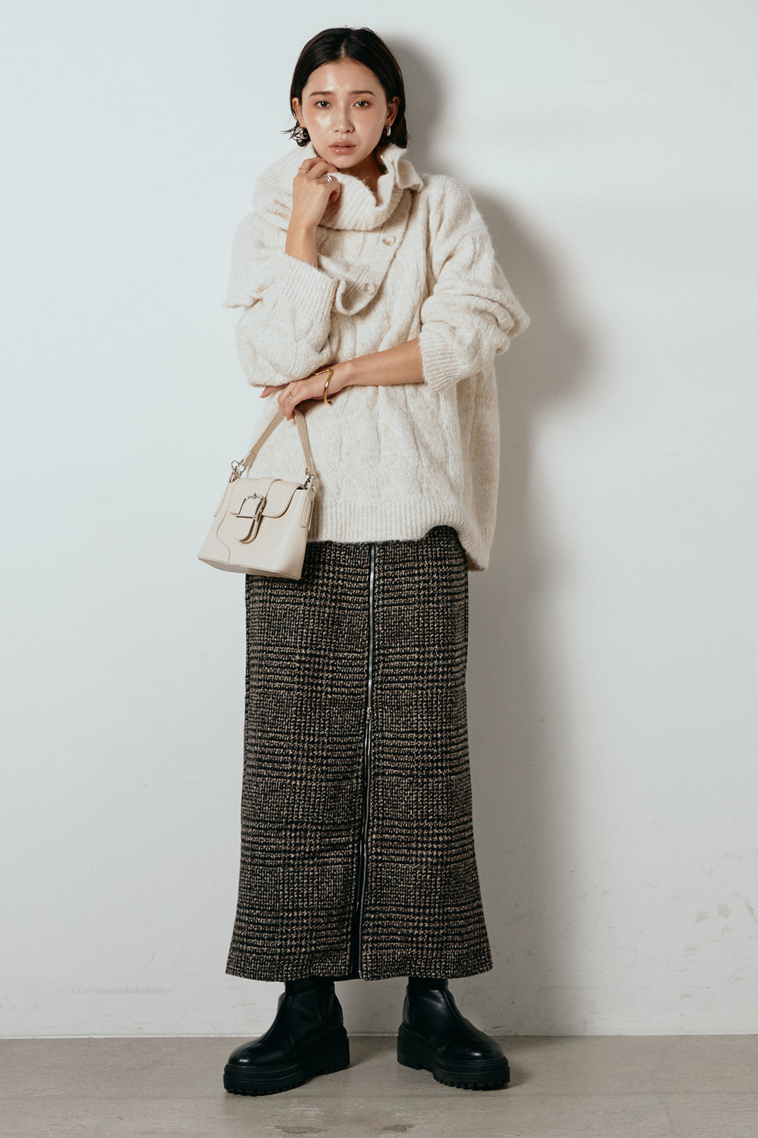[SET]ケープデザインケーブルニットトップス+グレンチェック柄フロントジップタイトスカート(2set)