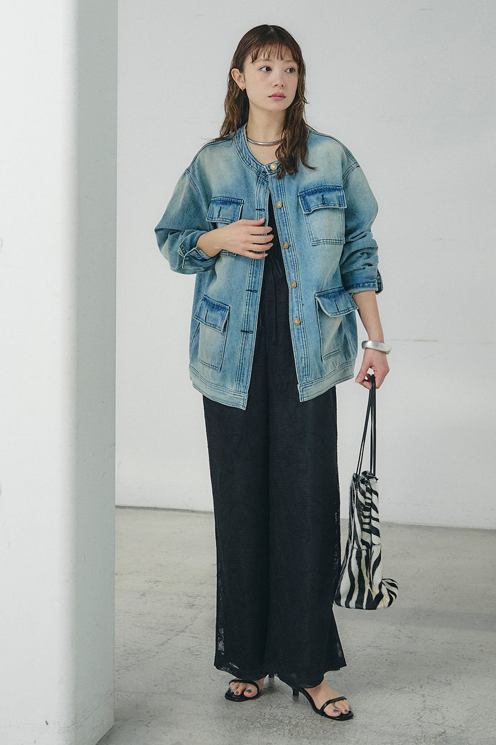 [SET]ノーカラーデニムポケットジャケット+レースサロペット(2set)