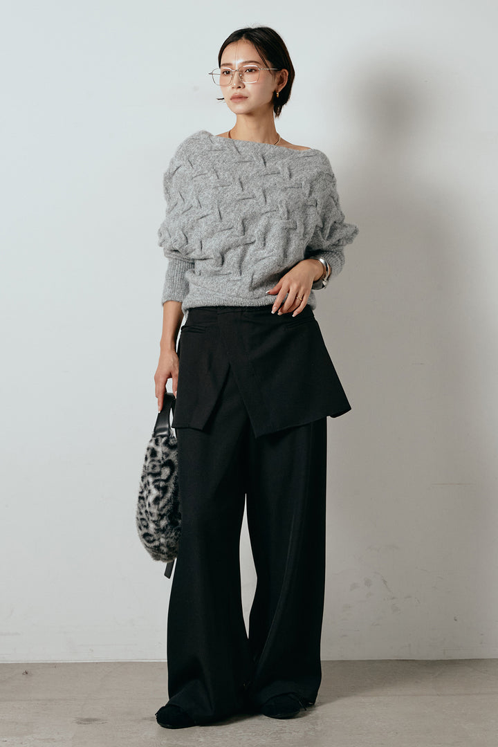 [SET]ボートネックニットトップス+ベルト付きウエストデザインパンツ(2set)