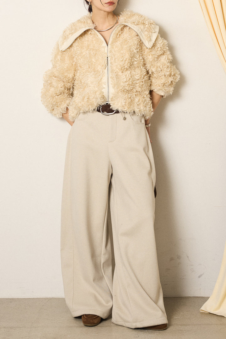 [SET]ビッグカラープードルボアアウター+編みベルト付きワイドパンツ(2set)