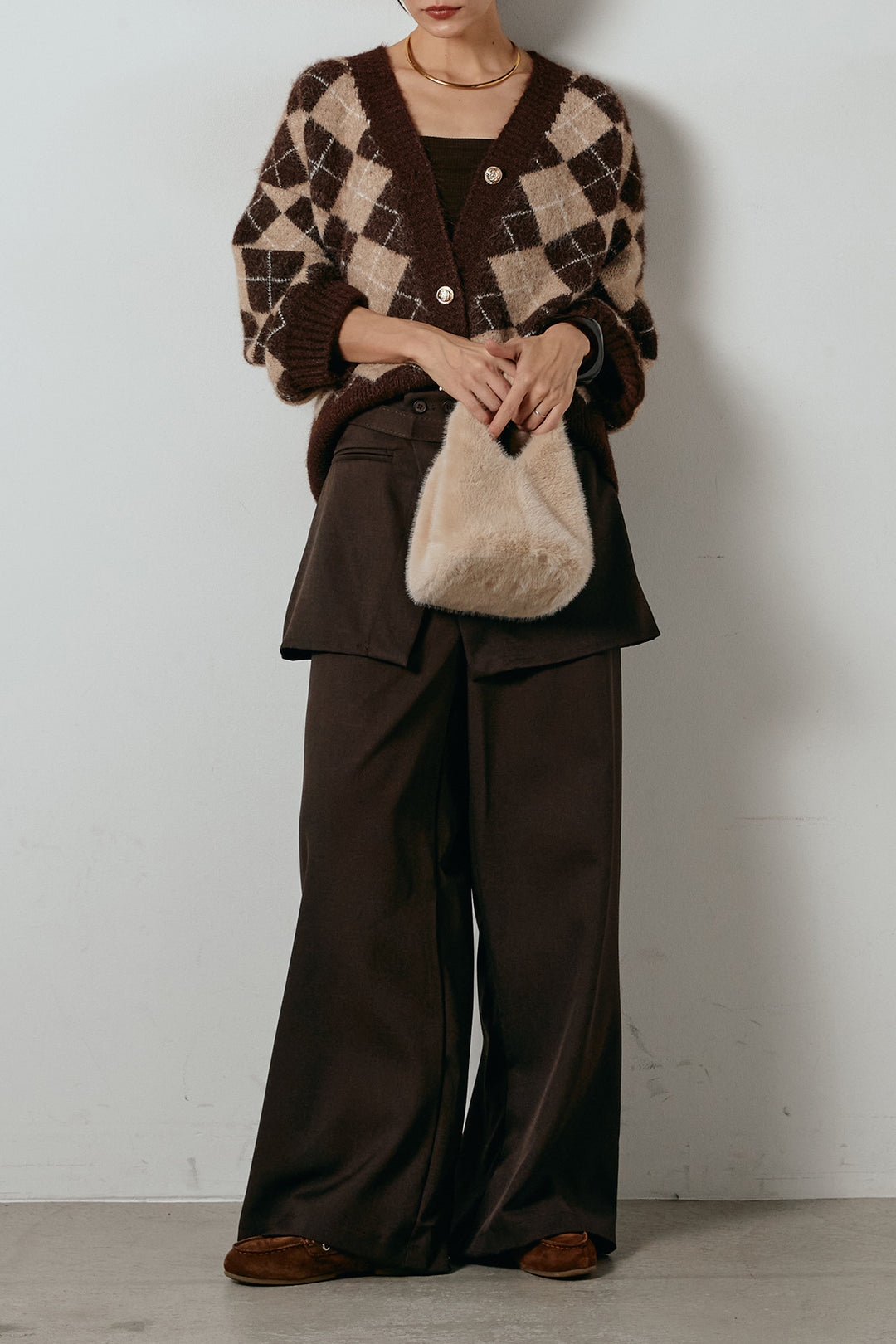 [SET]オーバーサイズ総柄Vネックニットカーディガン+ベルト付きウエストデザインパンツ(2set)