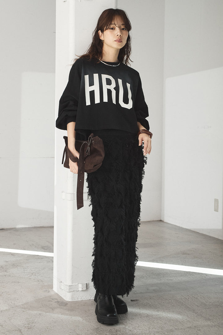 [SET]ビッグロゴHRU袖ボリュームトップス+カットフリンジニットタイトスカート(2set)