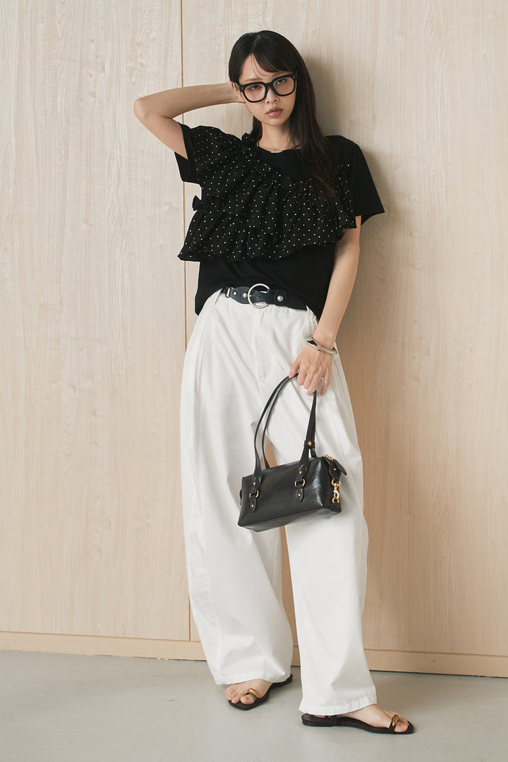 [SET]ドットアシメフリルデザインTシャツ+サークルバックルベルト付きタックワイドパンツ(2set)