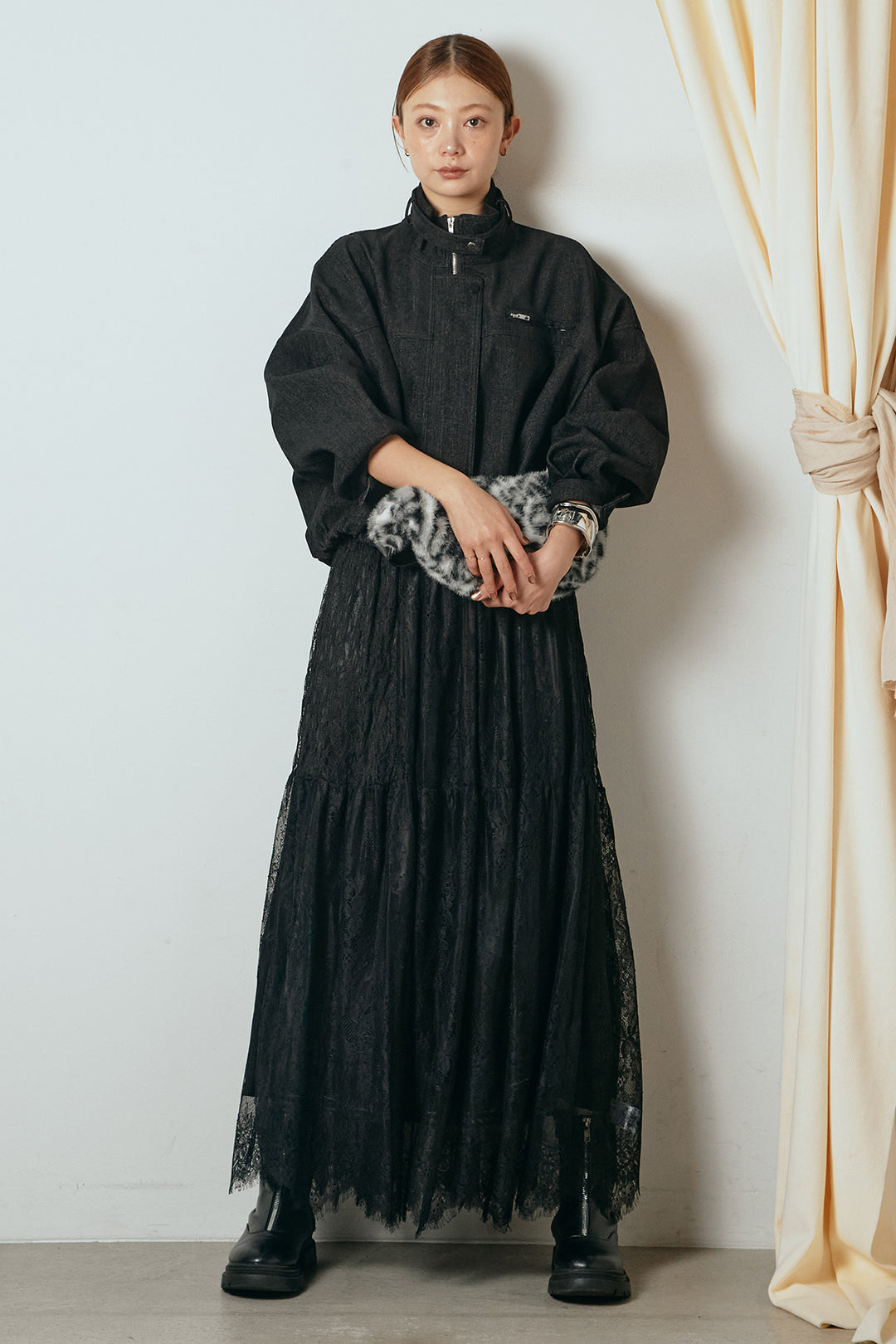 [SET]デニム調ハイネックブルゾン+ひげレース切替ロング丈スカート(2set)