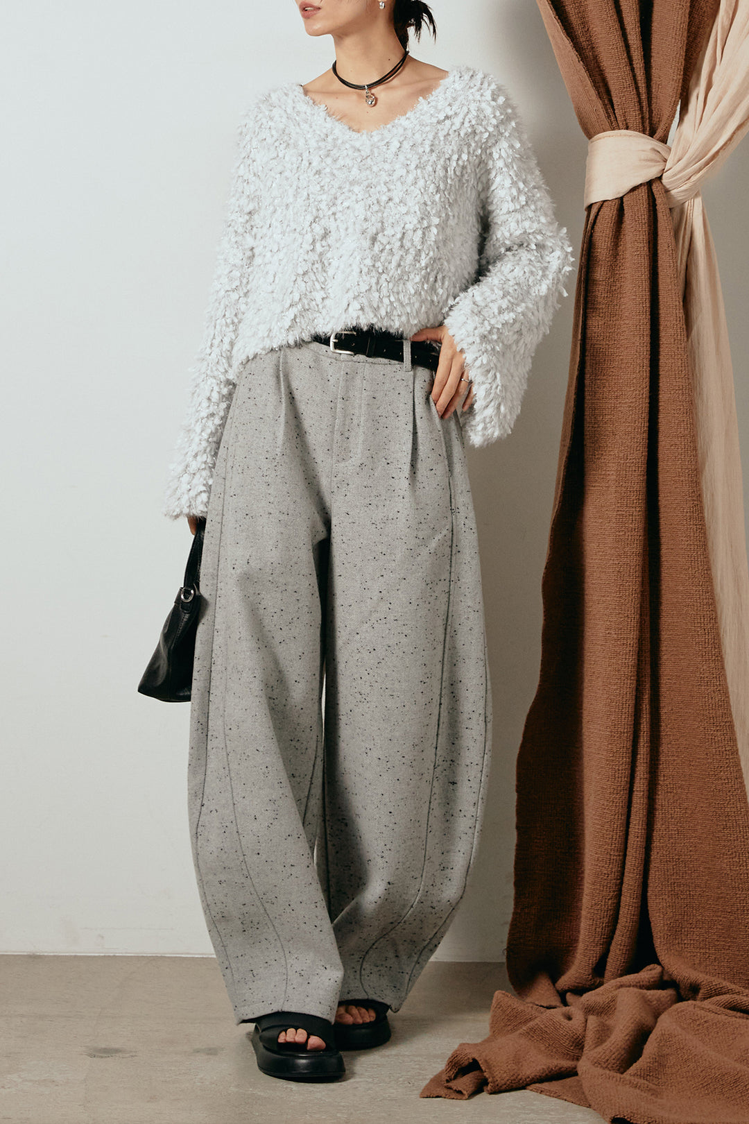 [SET]深Vネックチョウチョヤーンニットトップス+ベルト付きネップツイードカーブパンツ(2set)