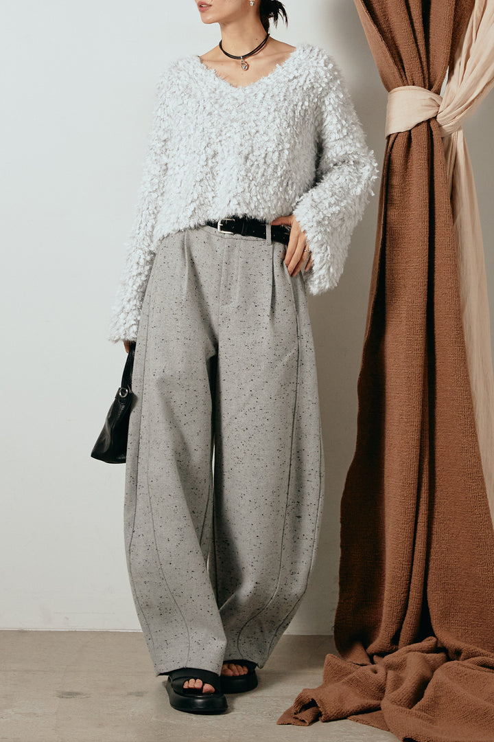 [SET]深Vネックチョウチョヤーンニットトップス+ベルト付きネップツイードカーブパンツ(2set)