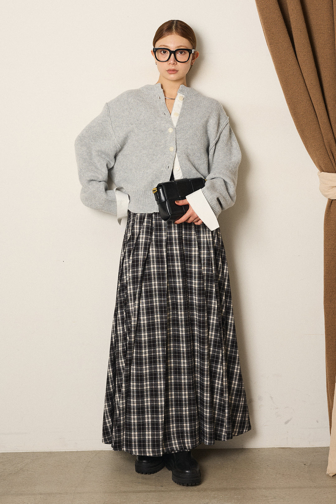 [SET]シャツドッキングニットカーディガン+ベルト付きタータンチェックプリーツスカート(2set)