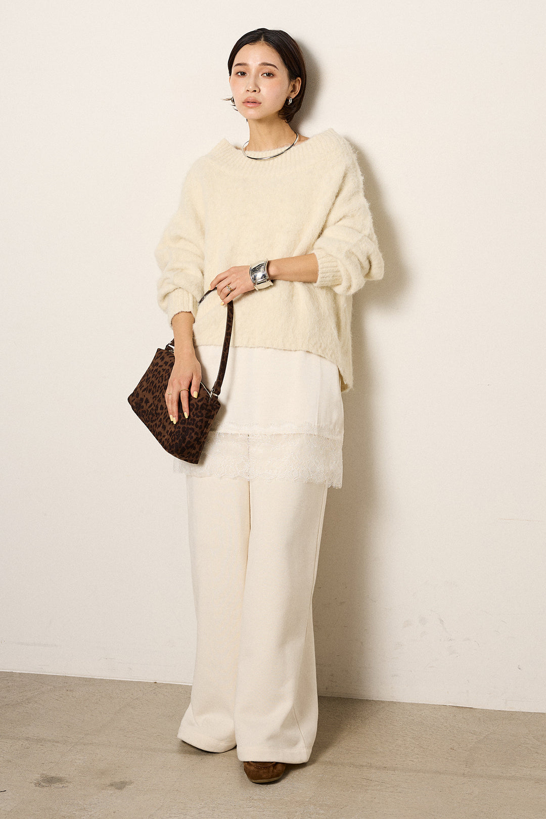 [SET]アルパカタッチオフショルニット+裏起毛スウェットワイドパンツ(2set)